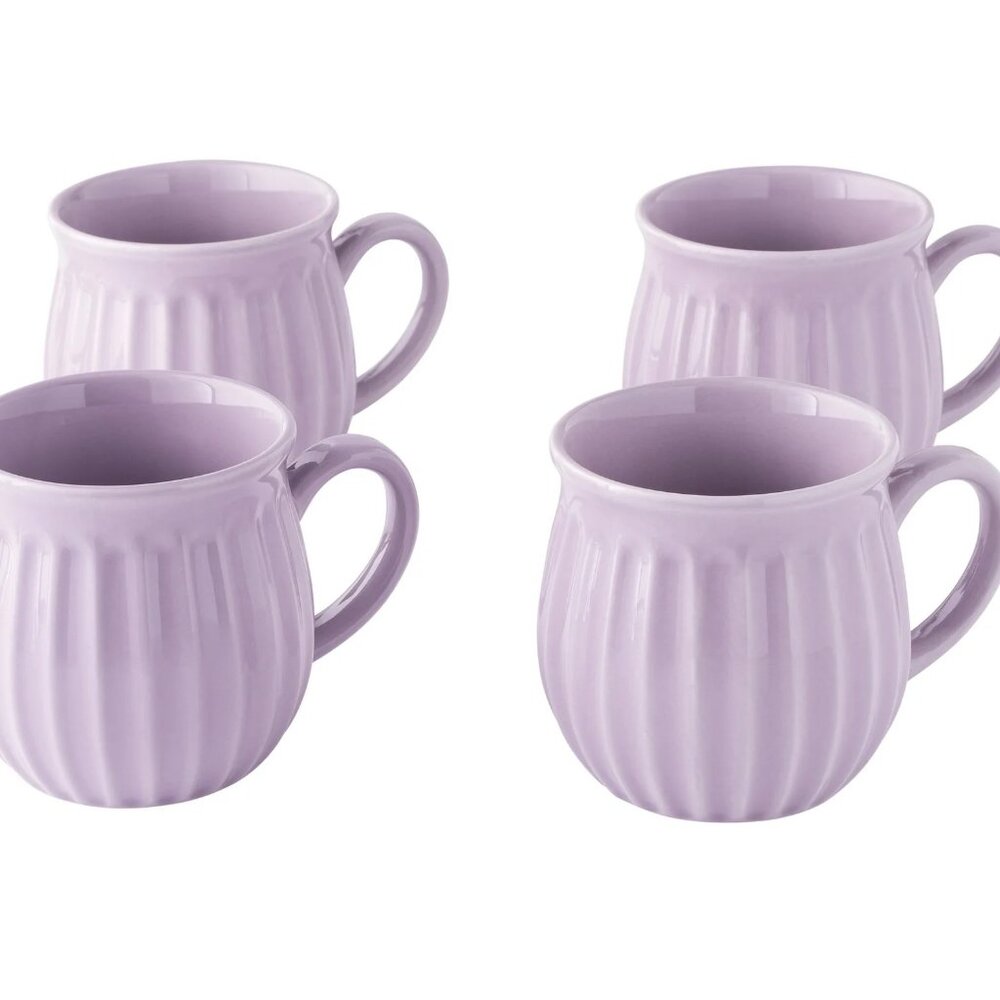 Pioneer Woman Colette Coffee Belly Mug Stoneware Cup Ceramic 4pc Set Purple 12oz
